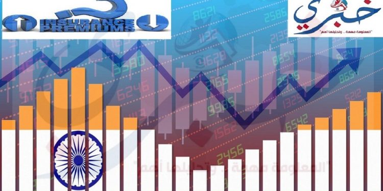 Flag of India on bar chart concept of economic recovery and business improving after crisis such as Covid-19 or other catastrophe as economy and businesses reopen again.