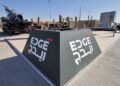 This picture taken on November 14, 2021 shows a view of the logo of EDGE advanced technology group for defence at the 2021 Dubai Airshow in the Gulf emirate. (Photo by Giuseppe CACACE / AFP)