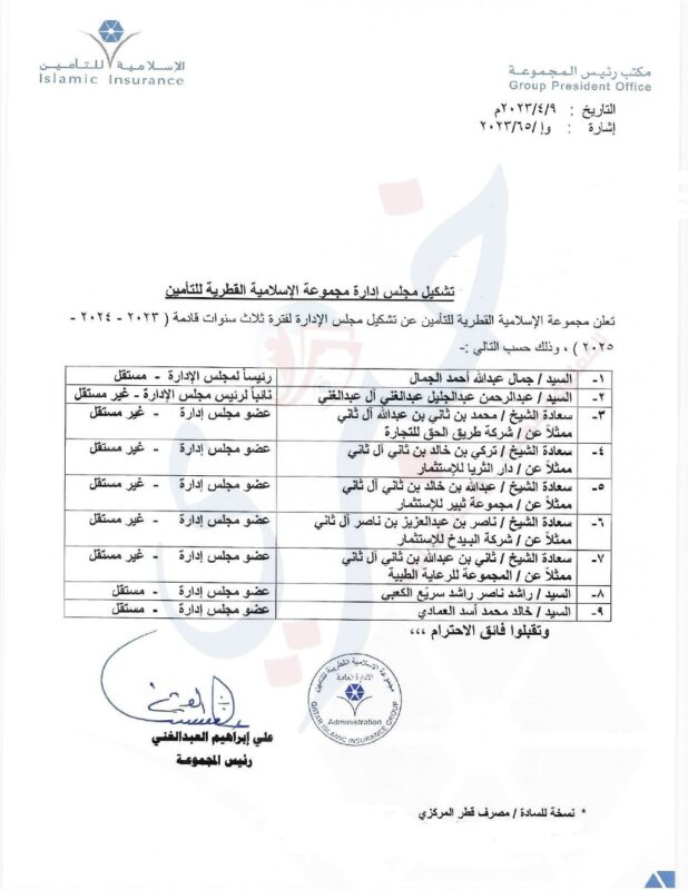 تشكيل مجلس إدارة الإسلامية القطرية للتأمين 2023 2024