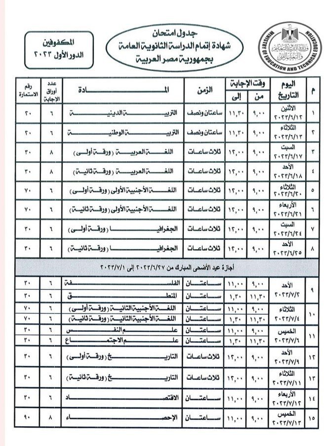 جدول امتحانات الثانوية العامة 2023 للمكفوفين