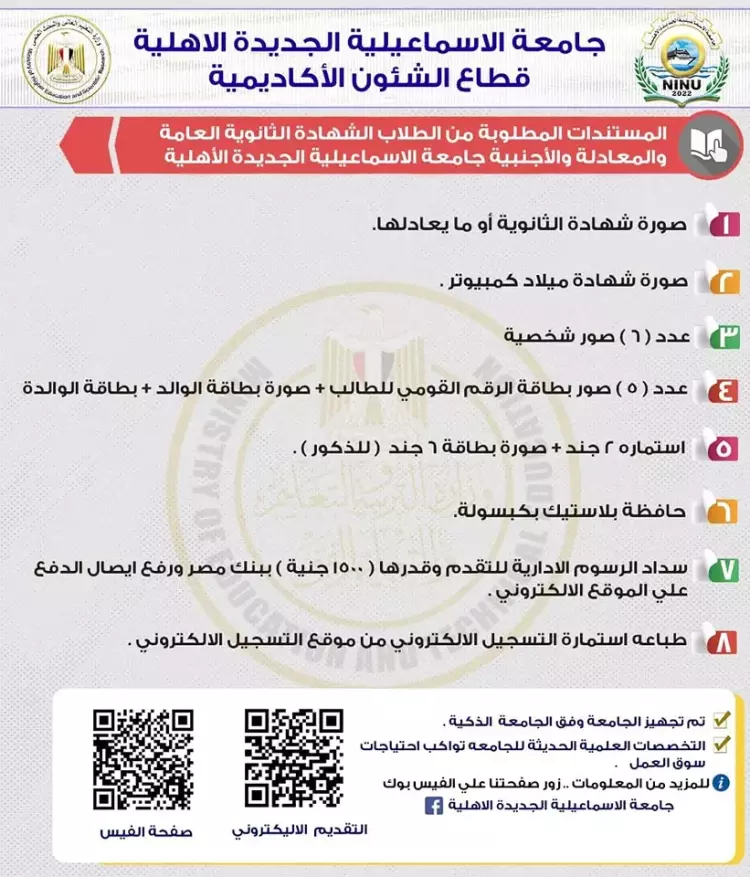 المستندات المطلوبة للتقديم لجامعه الإسماعيليه