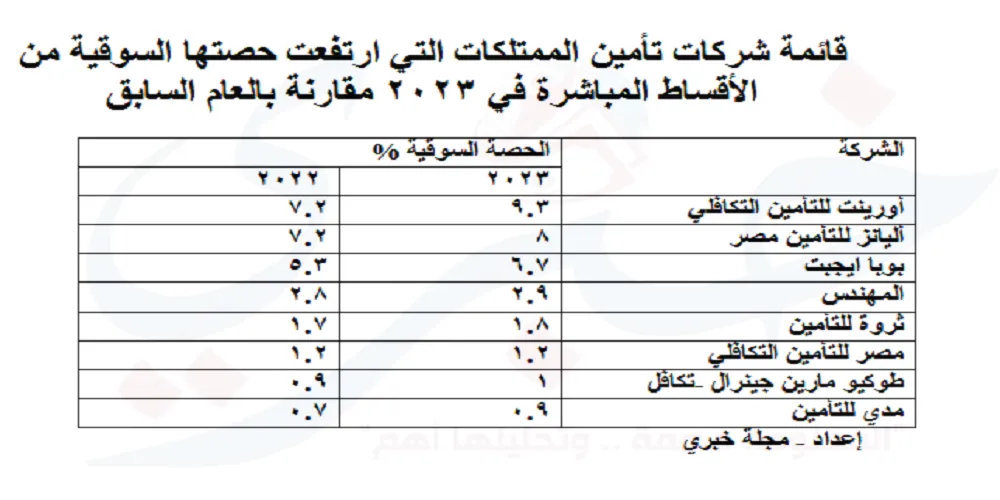 شركات تأمين الممتلكات التي ارتفعت حصتها السوقية من الأقساط المباشرة في 2023 مقارنة بالعام السابق